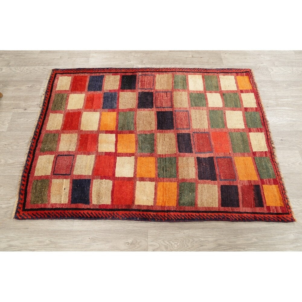 Vintage Gabbeh Checked Hand Knotted Wool Oriental Persian Area Rug - 4'8" x 3'6"