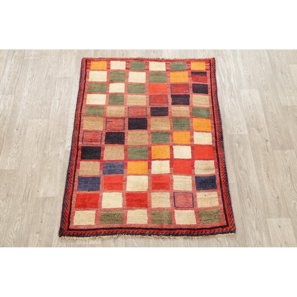 Vintage Gabbeh Checked Hand Knotted Wool Oriental Persian Area Rug - 4'8" x 3'6"