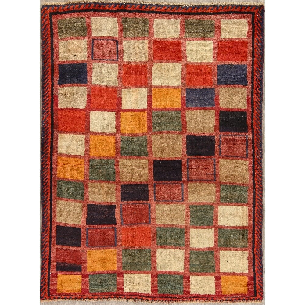Vintage Gabbeh Checked Hand Knotted Wool Oriental Persian Area Rug - 4'8" x 3'6"