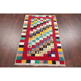 Vintage Gabbeh Tribal Checked Hand Knotted Wool Persian Area Rug - 4'10" x 3'1"