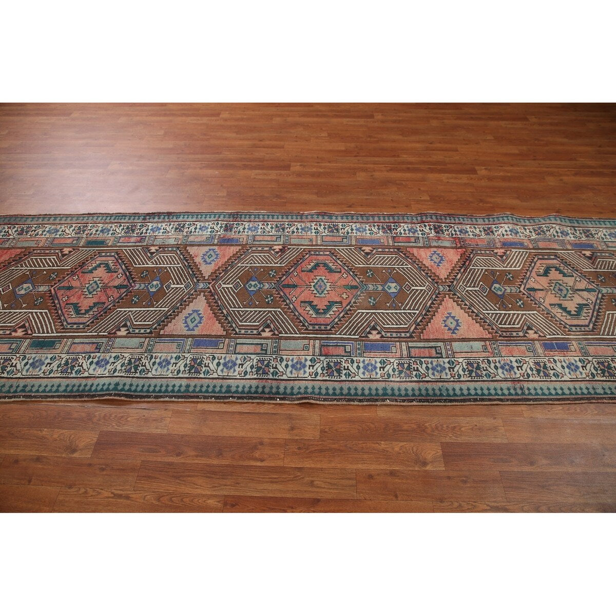 Vintage Geometric Ardebil Persian Runner Rug Handmade Wool Carpet - 3'3" x 10'10"