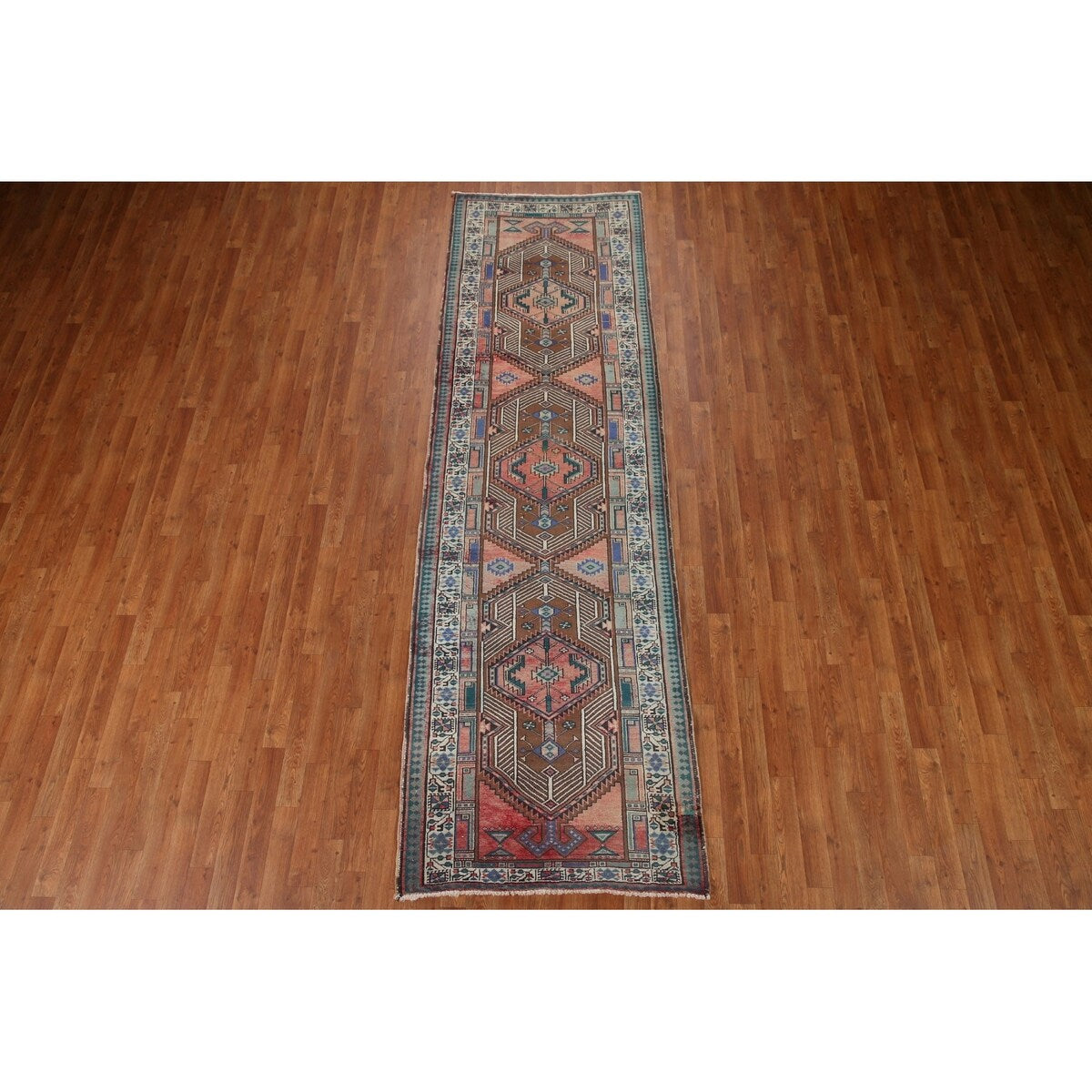 Vintage Geometric Ardebil Persian Runner Rug Handmade Wool Carpet - 3'3" x 10'10"