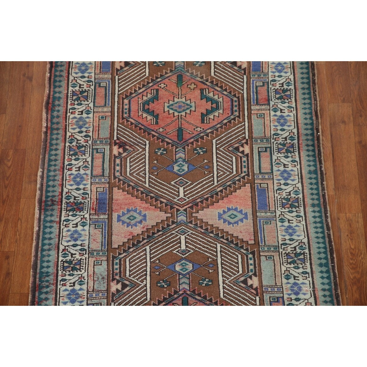 Vintage Geometric Ardebil Persian Runner Rug Handmade Wool Carpet - 3'3" x 10'10"