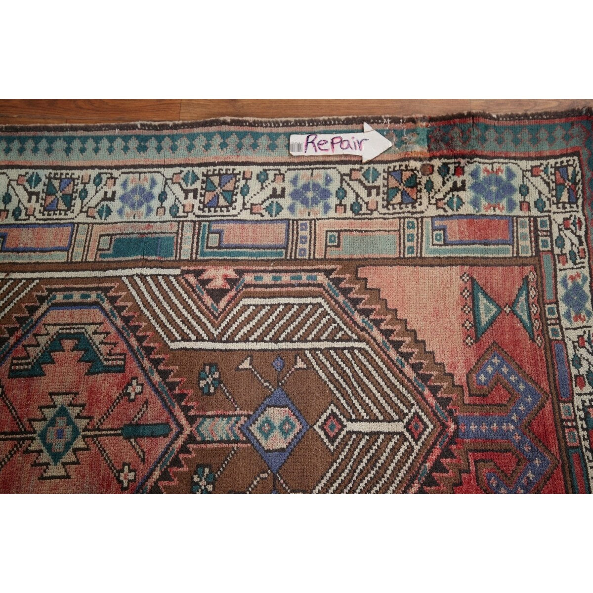 Vintage Geometric Ardebil Persian Runner Rug Handmade Wool Carpet - 3'3" x 10'10"