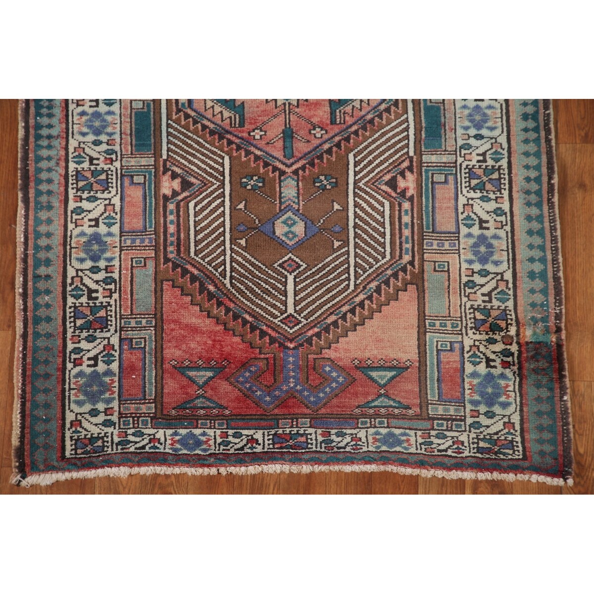 Vintage Geometric Ardebil Persian Runner Rug Handmade Wool Carpet - 3'3" x 10'10"