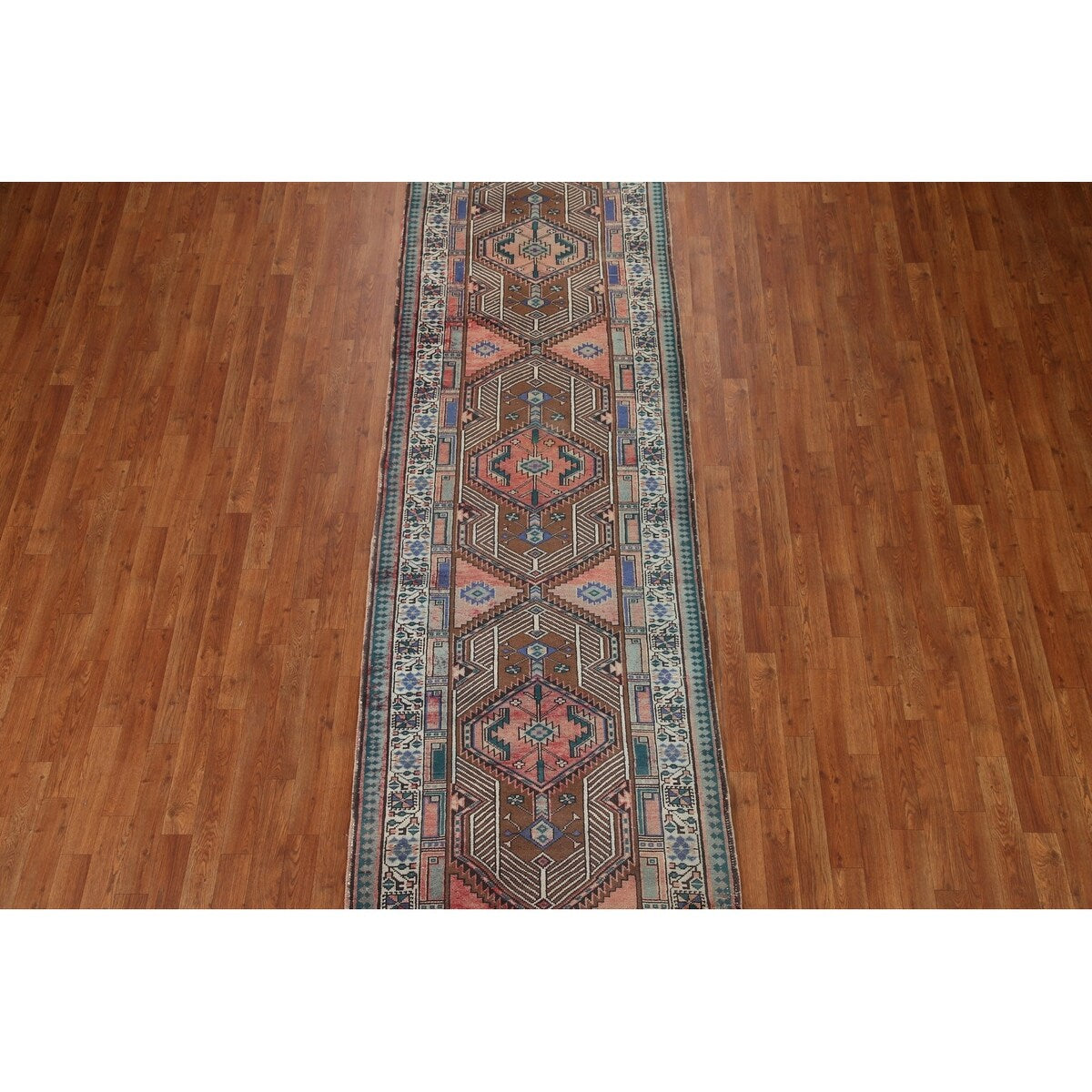 Vintage Geometric Ardebil Persian Runner Rug Handmade Wool Carpet - 3'3" x 10'10"