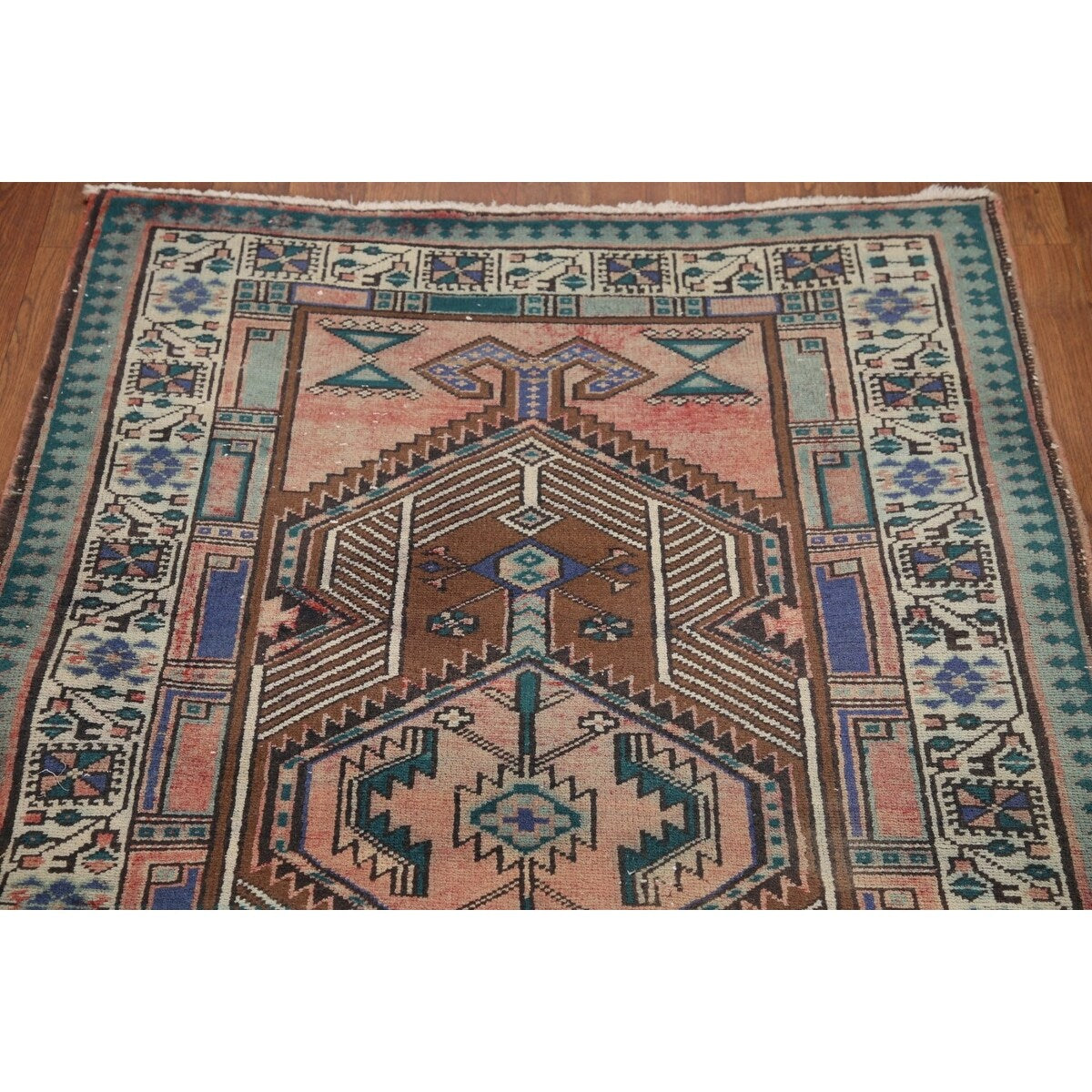Vintage Geometric Ardebil Persian Runner Rug Handmade Wool Carpet - 3'3" x 10'10"