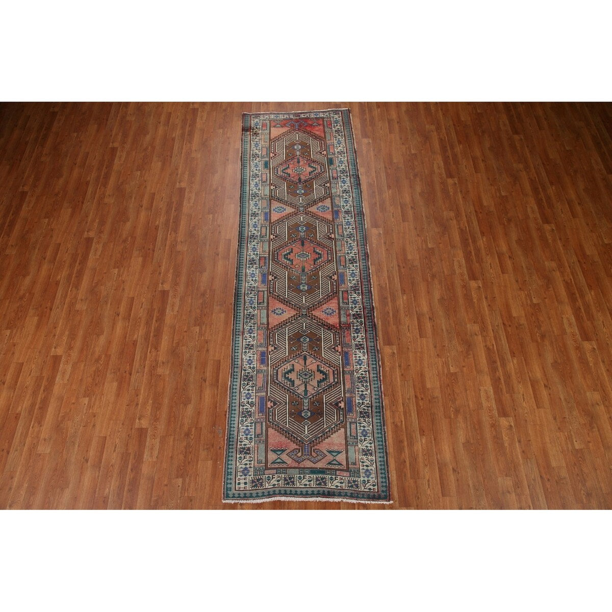 Vintage Geometric Ardebil Persian Runner Rug Handmade Wool Carpet - 3'3" x 10'10"