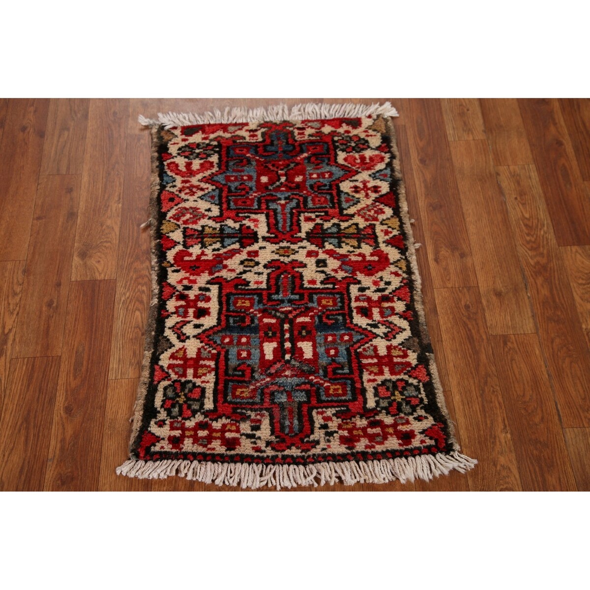 Vintage Geometric Gharajeh Persian Rug Handmade Oriental Wool Carpet - 1'8" x 2'6"