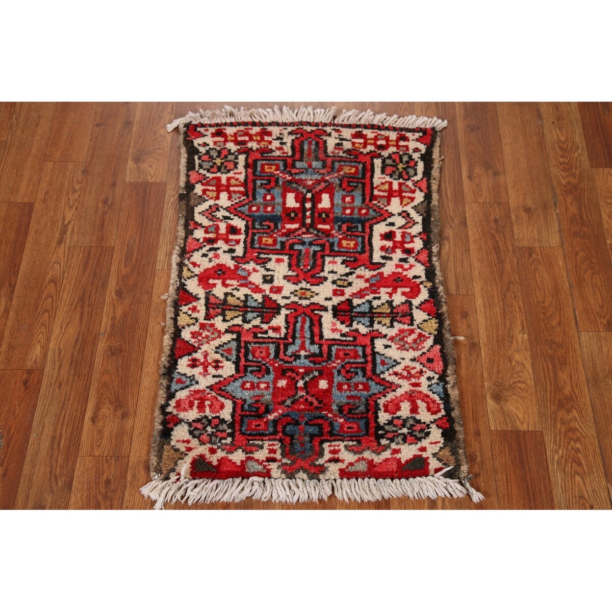 Vintage Geometric Gharajeh Persian Rug Handmade Oriental Wool Carpet - 1'8" x 2'6"