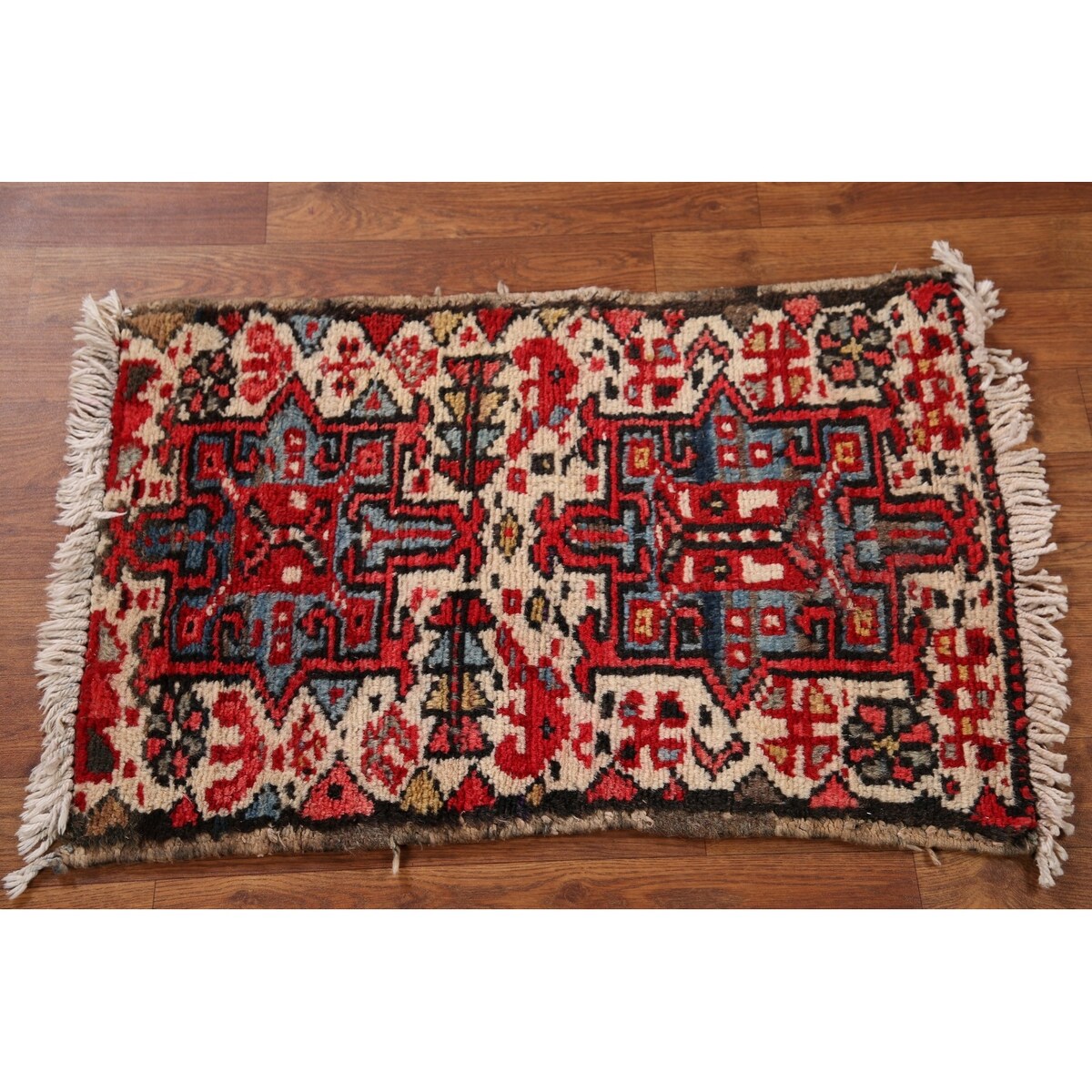 Vintage Geometric Gharajeh Persian Rug Handmade Oriental Wool Carpet - 1'8" x 2'6"