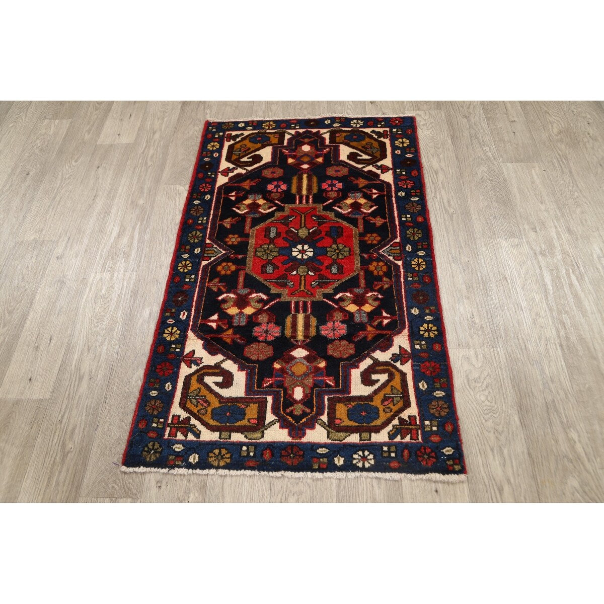 Vintage Geometric Hamedan Persian Area Rug Handmade Wool Carpet - 2'6" x 4'2"