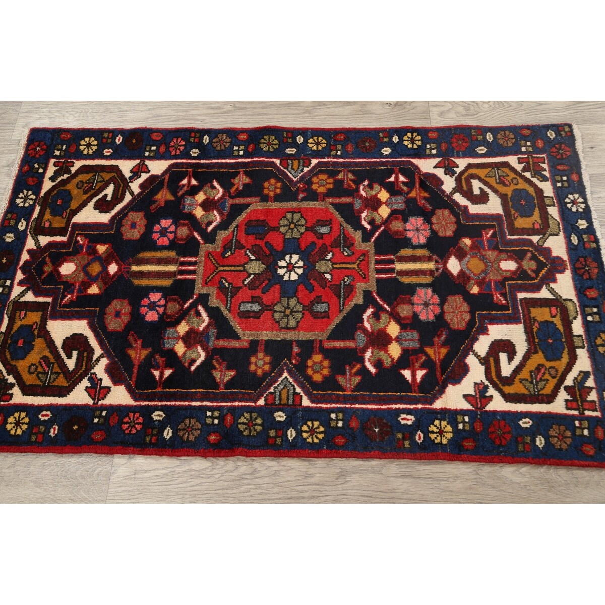 Vintage Geometric Hamedan Persian Area Rug Handmade Wool Carpet - 2'6" x 4'2"
