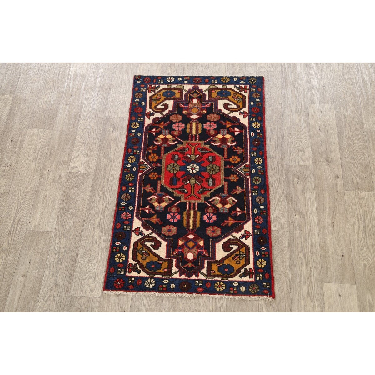 Vintage Geometric Hamedan Persian Area Rug Handmade Wool Carpet - 2'6" x 4'2"