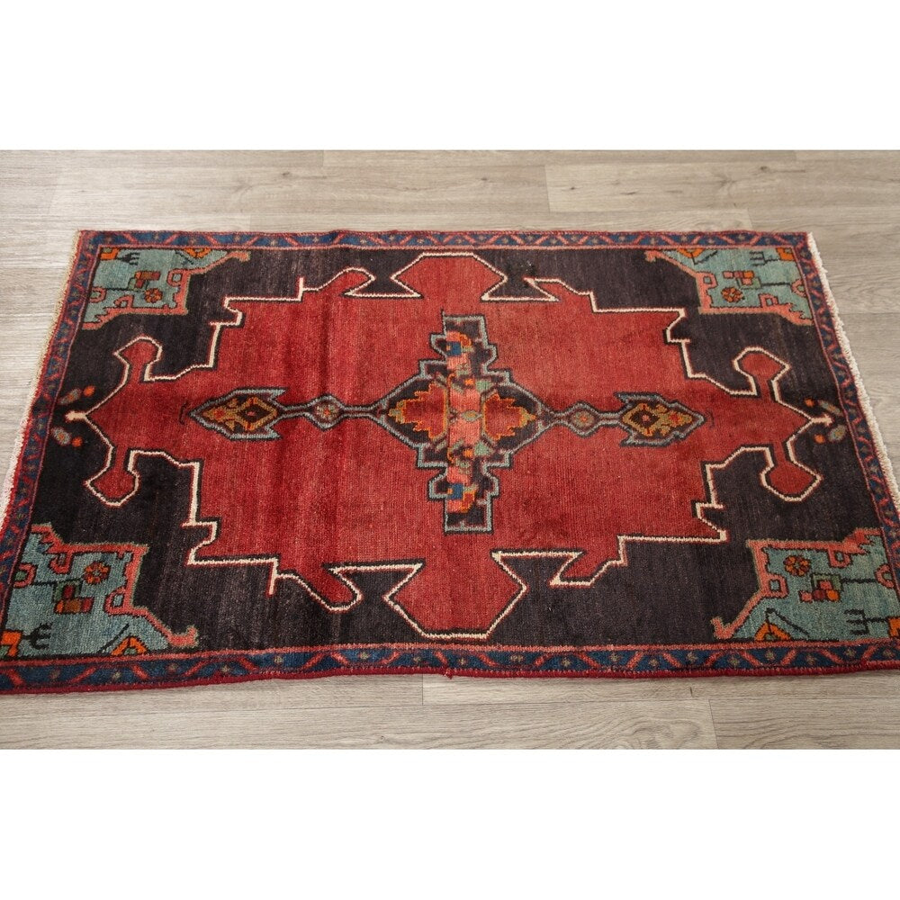 Vintage Geometric Red Bakhtiari Persian Area Rug Handmade Oriental - 2'11" x 4'8"