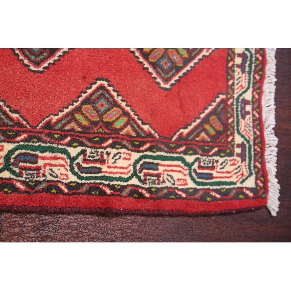 Vintage Hamedan Geometric Handmade Wool Persian Small Area Rug - 3'10" x 2'6"