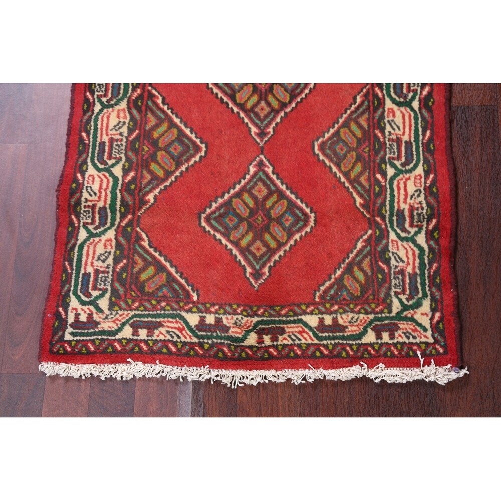 Vintage Hamedan Geometric Handmade Wool Persian Small Area Rug - 3'10" x 2'6"