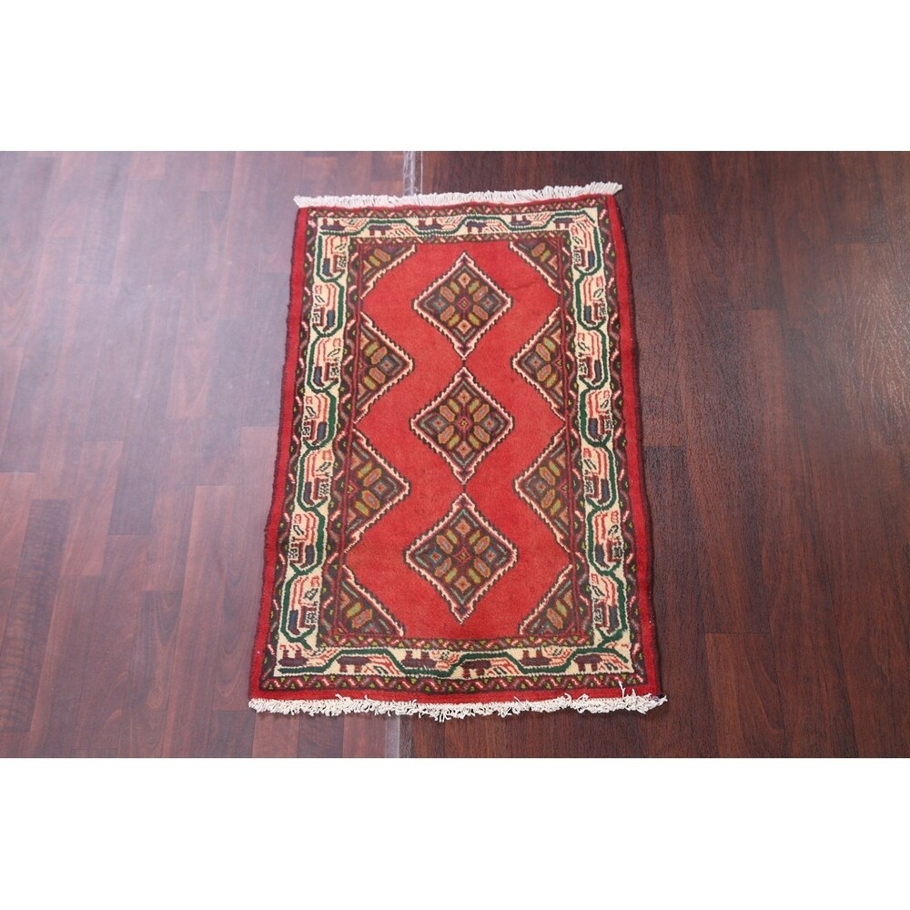 Vintage Hamedan Geometric Handmade Wool Persian Small Area Rug - 3'10" x 2'6"