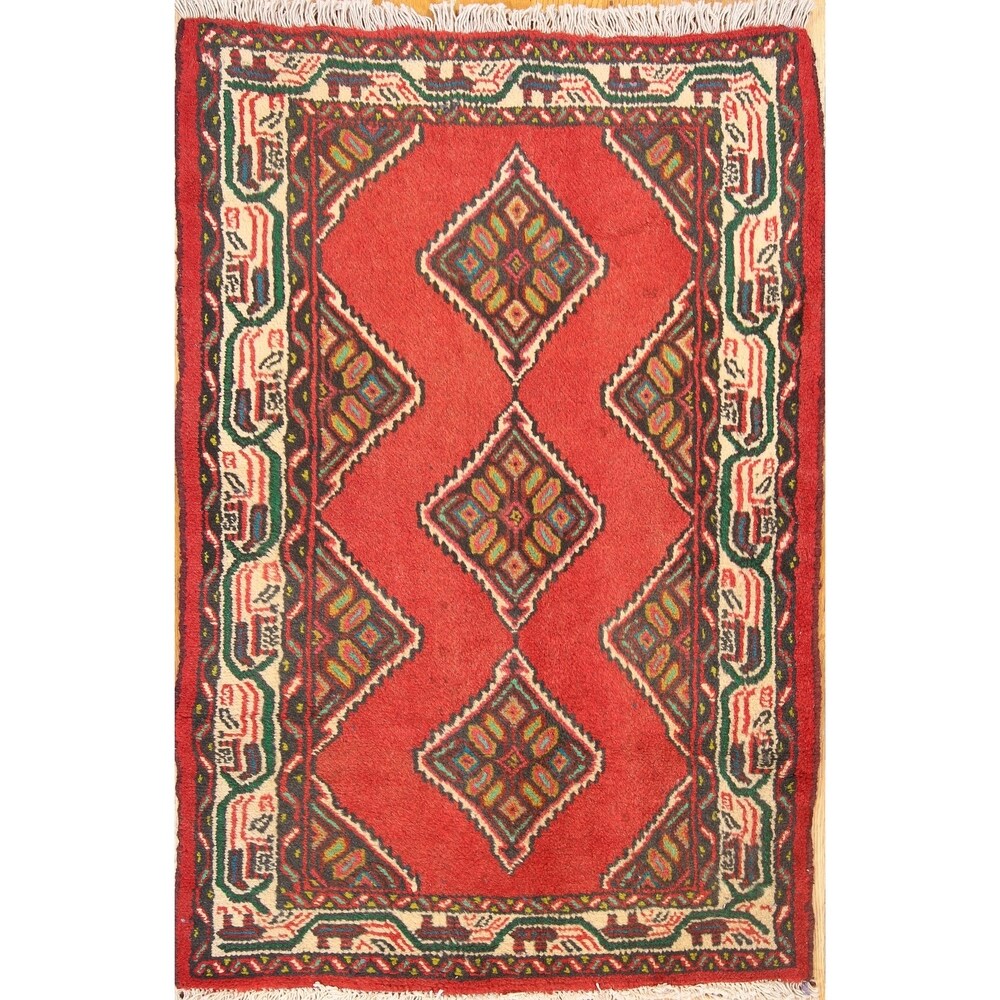Vintage Hamedan Geometric Handmade Wool Persian Small Area Rug - 3'10" x 2'6"