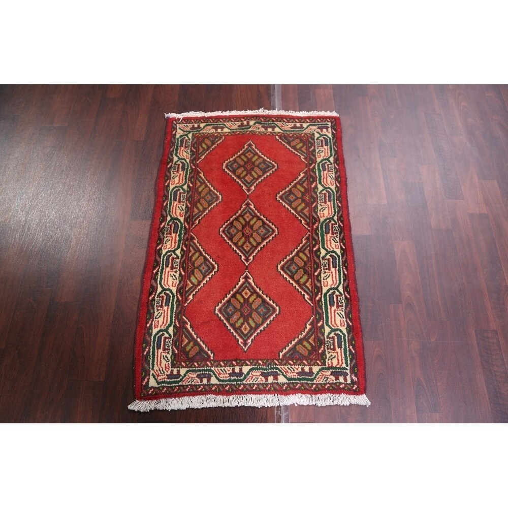 Vintage Hamedan Geometric Handmade Wool Persian Small Area Rug - 3'10" x 2'6"