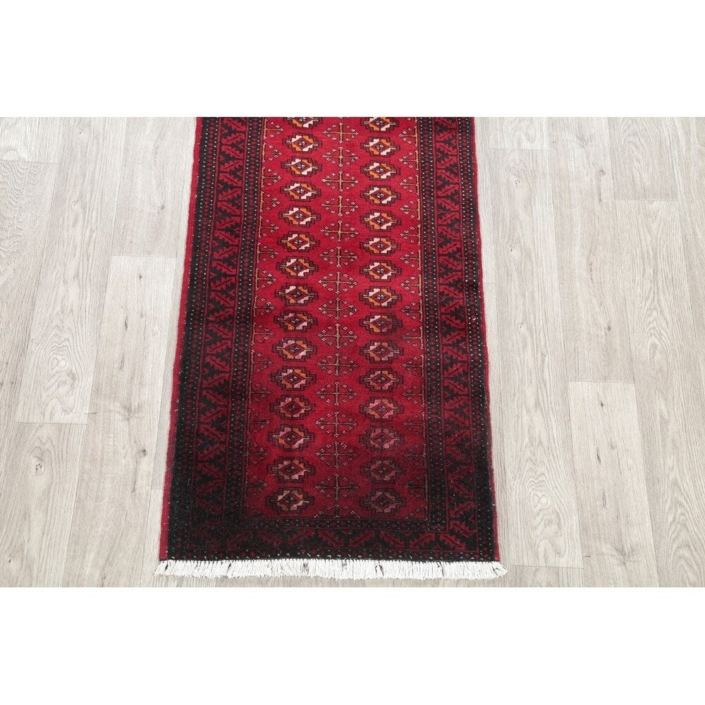Vintage Handmade Woolen Geometric Balouch Persian Rug - 7'7" x 2'2" runner