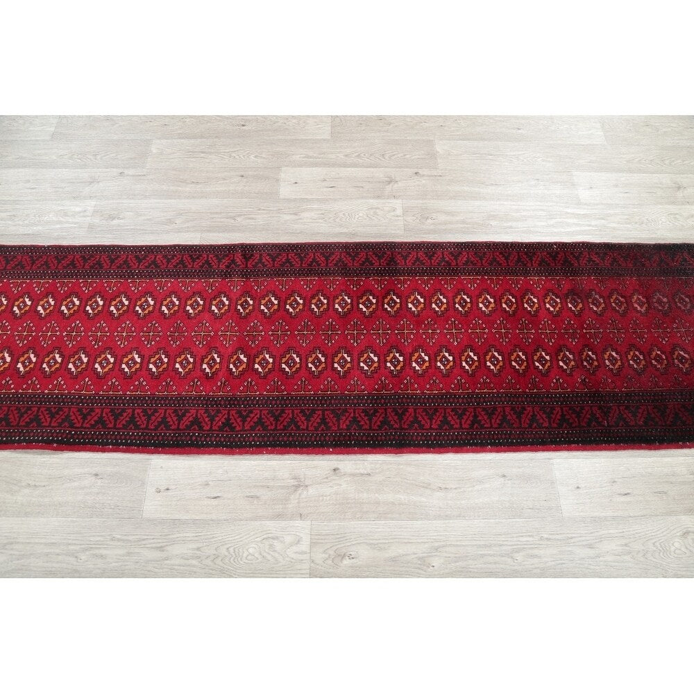 Vintage Handmade Woolen Geometric Balouch Persian Rug - 7'7" x 2'2" runner