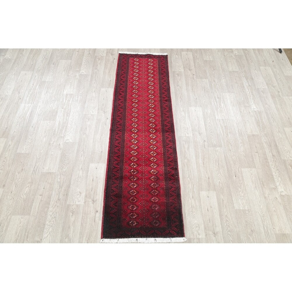 Vintage Handmade Woolen Geometric Balouch Persian Rug - 7'7" x 2'2" runner