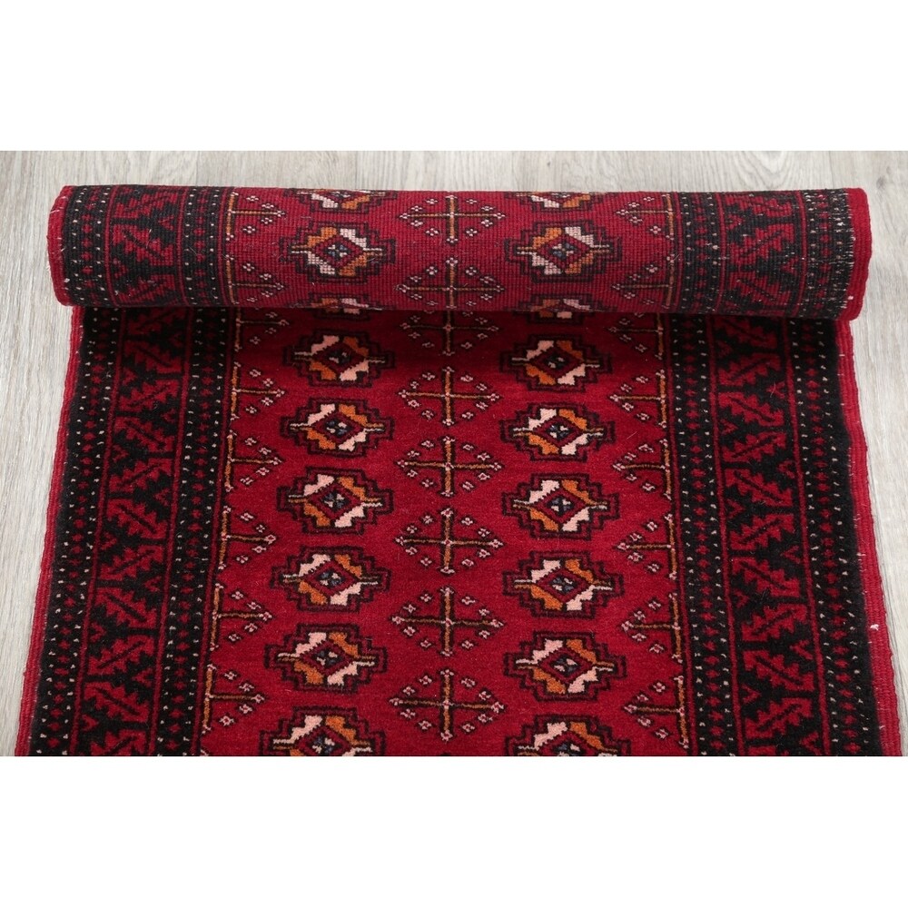 Vintage Handmade Woolen Geometric Balouch Persian Rug - 7'7" x 2'2" runner
