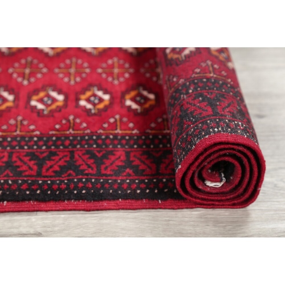 Vintage Handmade Woolen Geometric Balouch Persian Rug - 7'7" x 2'2" runner