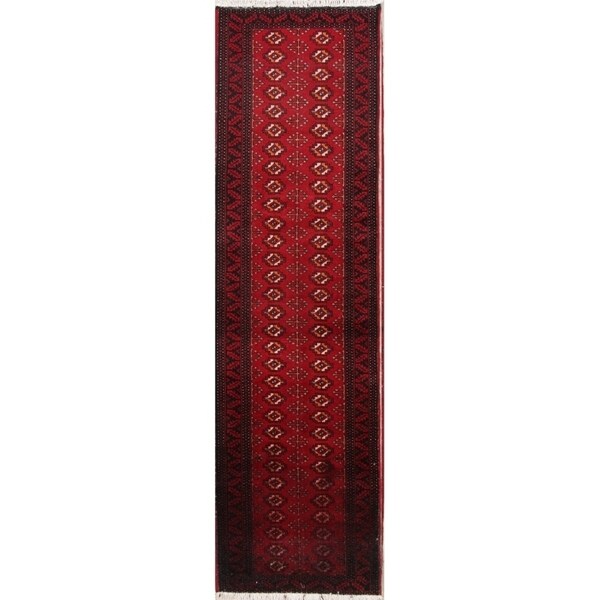 Vintage Handmade Woolen Geometric Balouch Persian Rug - 7'7" x 2'2" runner