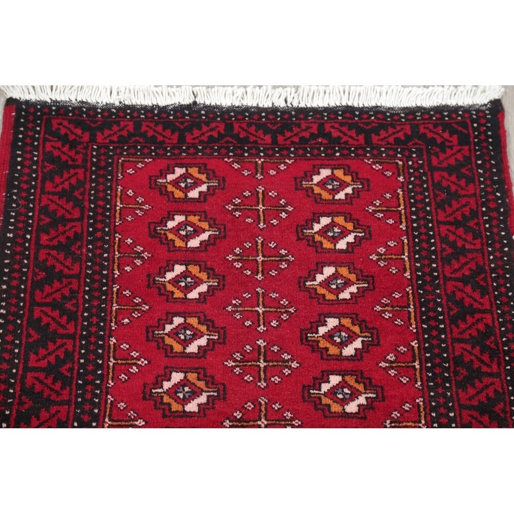 Vintage Handmade Woolen Geometric Balouch Persian Rug - 7'7" x 2'2" runner