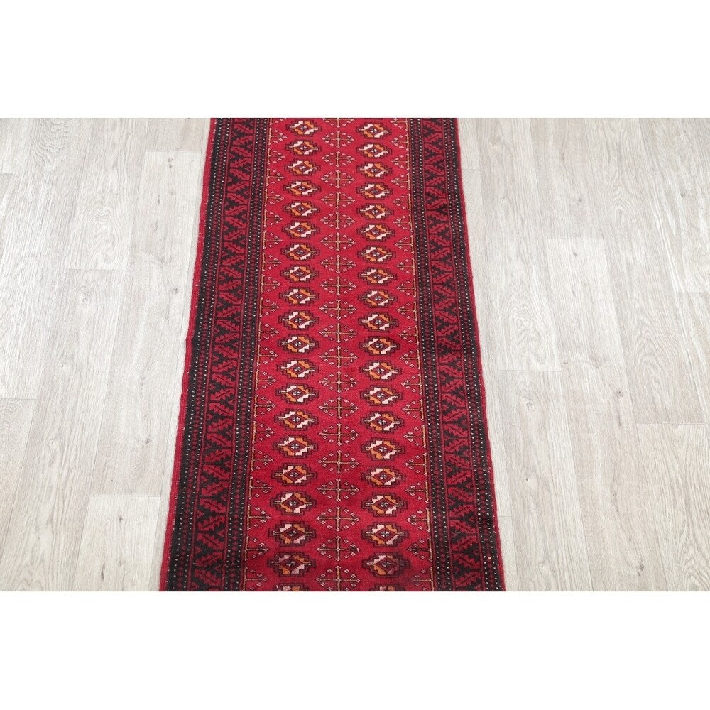 Vintage Handmade Woolen Geometric Balouch Persian Rug - 7'7" x 2'2" runner