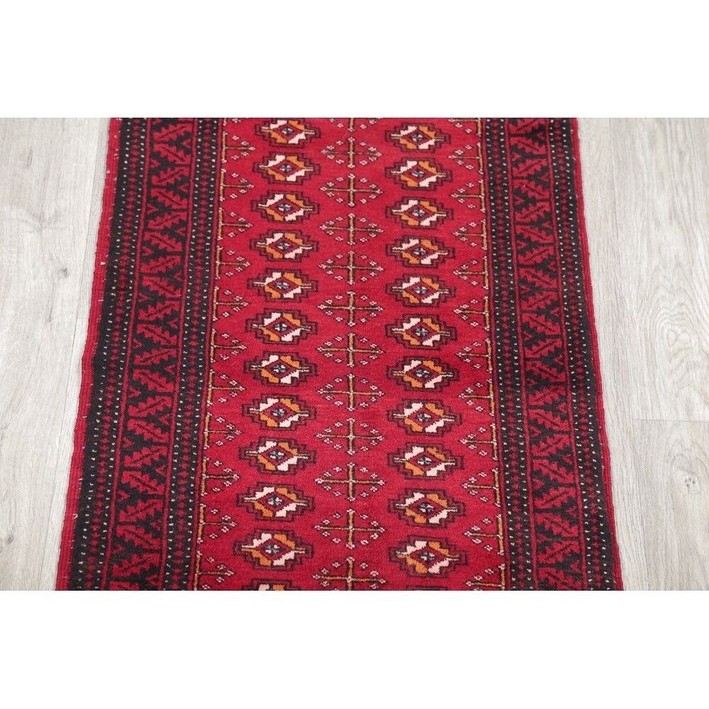 Vintage Handmade Woolen Geometric Balouch Persian Rug - 7'7" x 2'2" runner