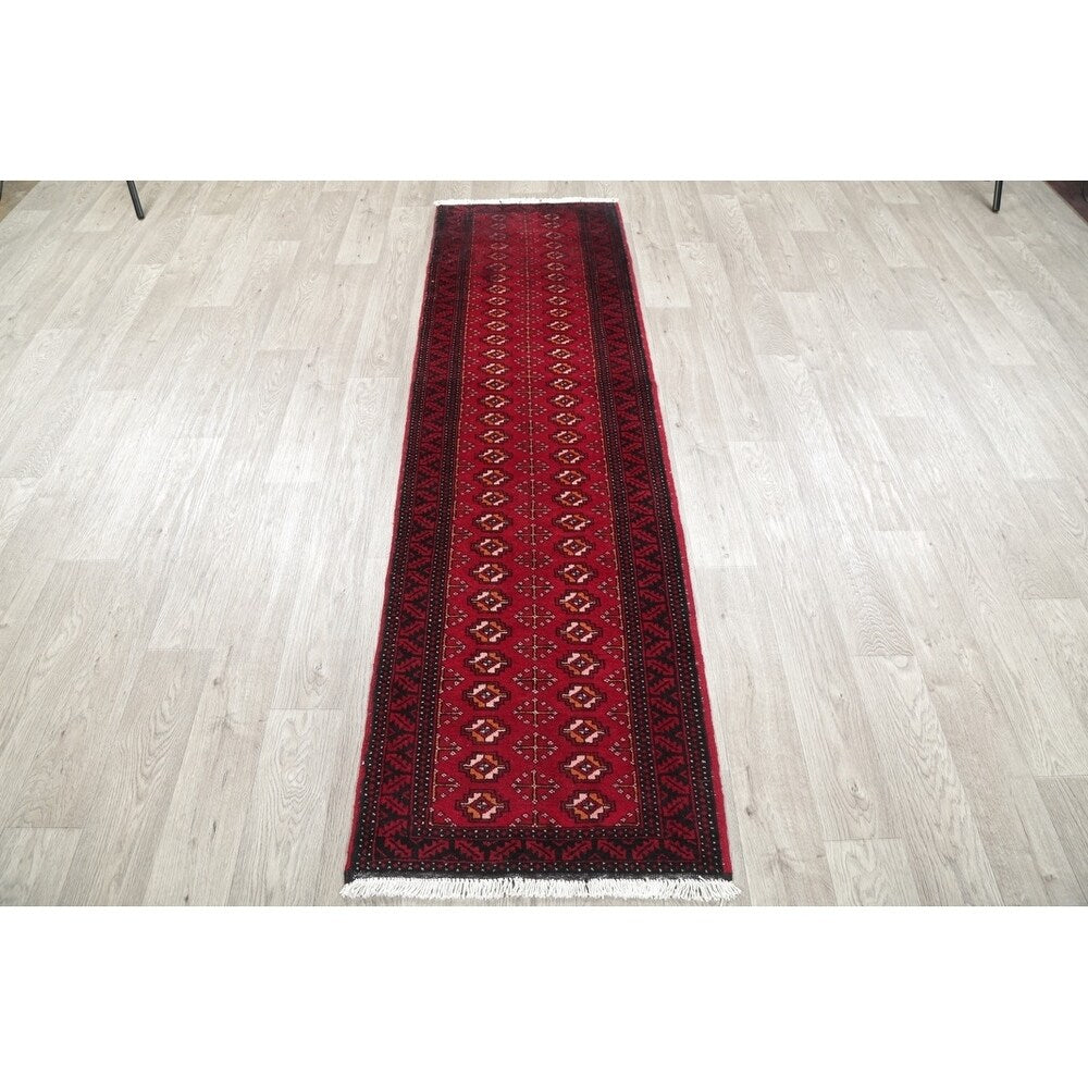 Vintage Handmade Woolen Geometric Balouch Persian Rug - 7'7" x 2'2" runner