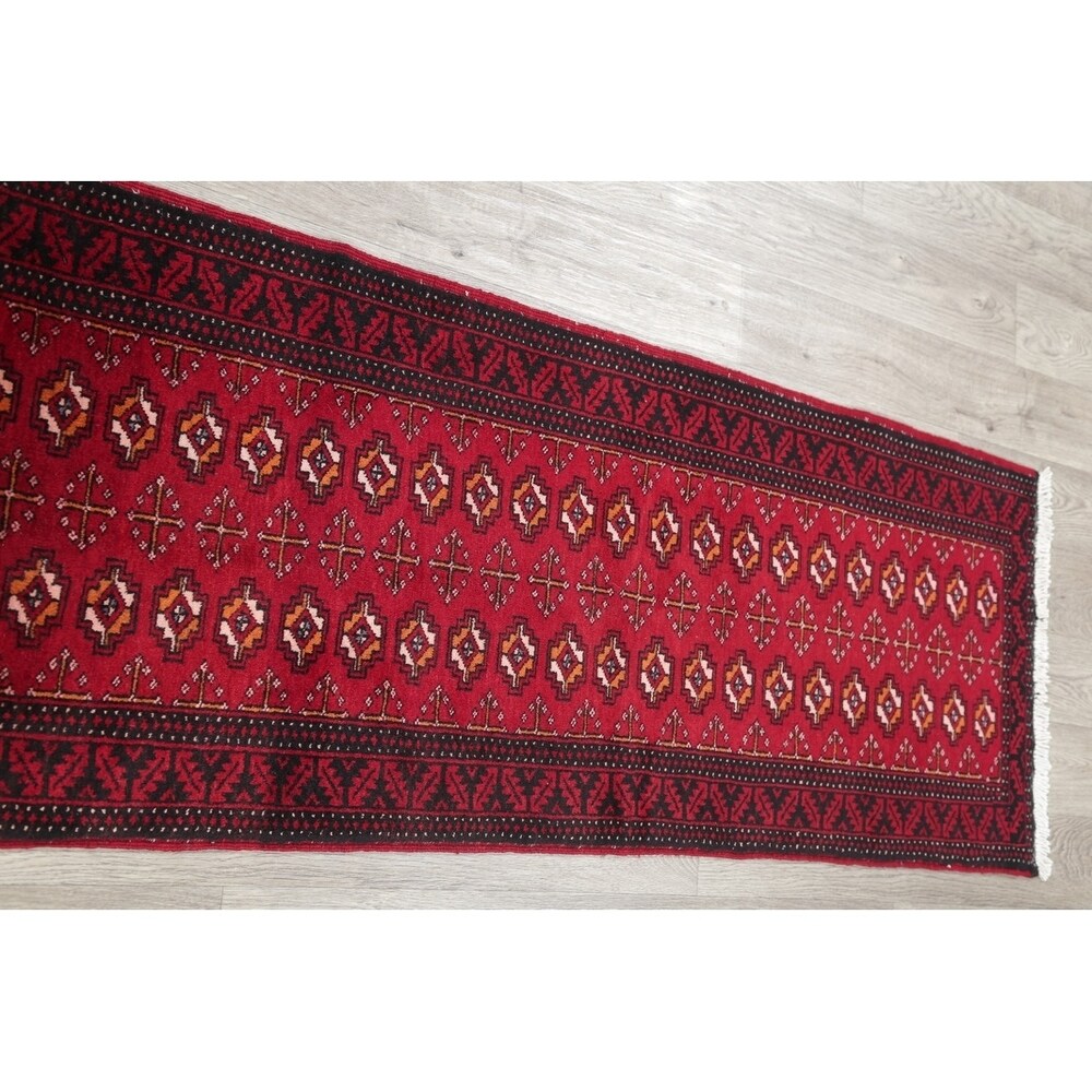 Vintage Handmade Woolen Geometric Balouch Persian Rug - 7'7" x 2'2" runner
