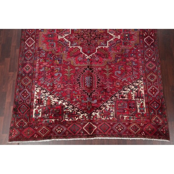 Vintage Heriz Geometric Hand Knotted Wool Persian Area Rug - 11'1" x 7'8"