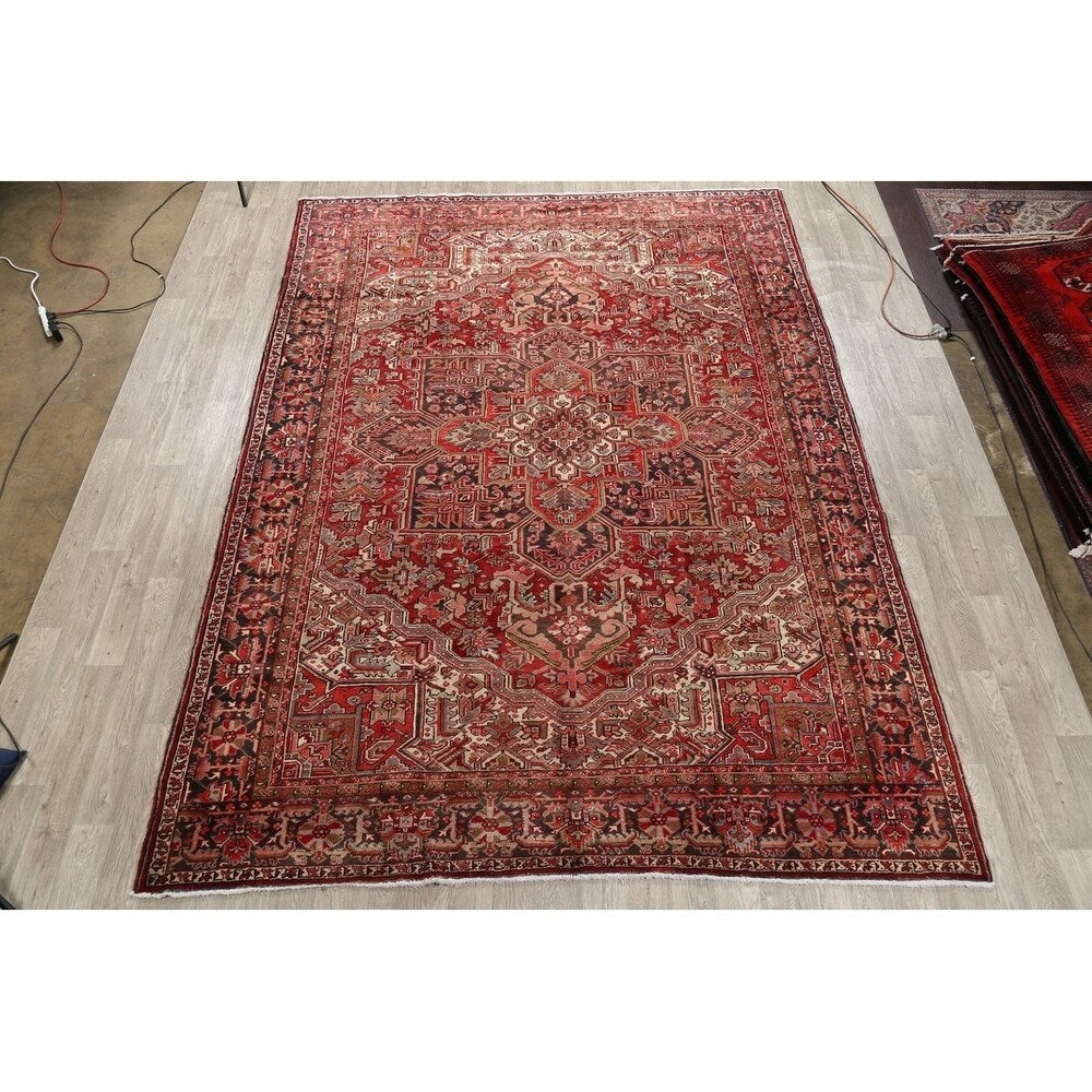 Vintage Heriz Geometric Hand Knotted Wool Persian Area Rug - 12'8" x 9'2"