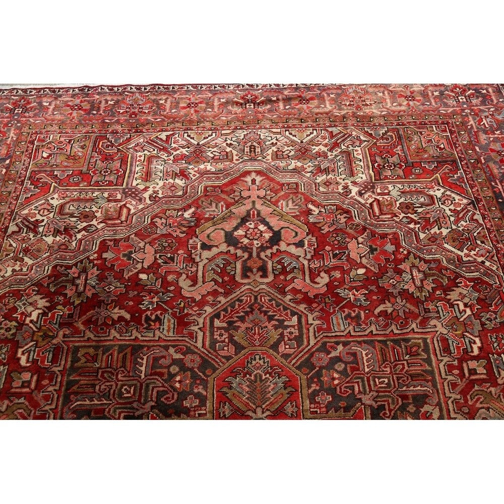 Vintage Heriz Geometric Hand Knotted Wool Persian Area Rug - 12'8" x 9'2"