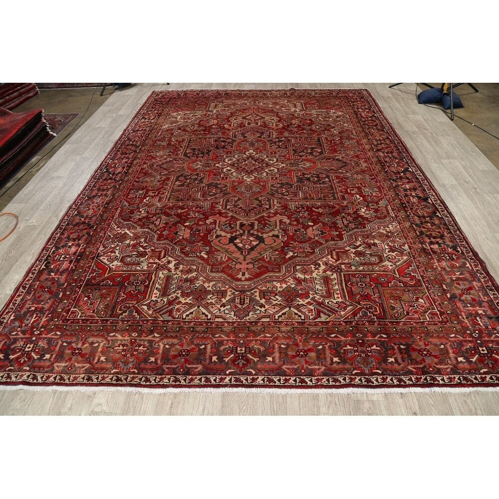 Vintage Heriz Geometric Hand Knotted Wool Persian Area Rug - 12'8" x 9'2"