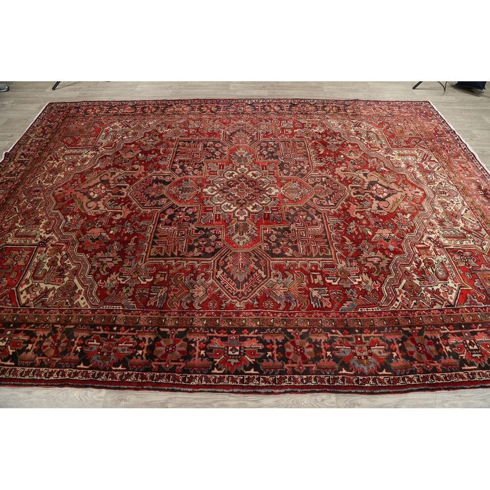 Vintage Heriz Geometric Hand Knotted Wool Persian Area Rug - 12'8" x 9'2"