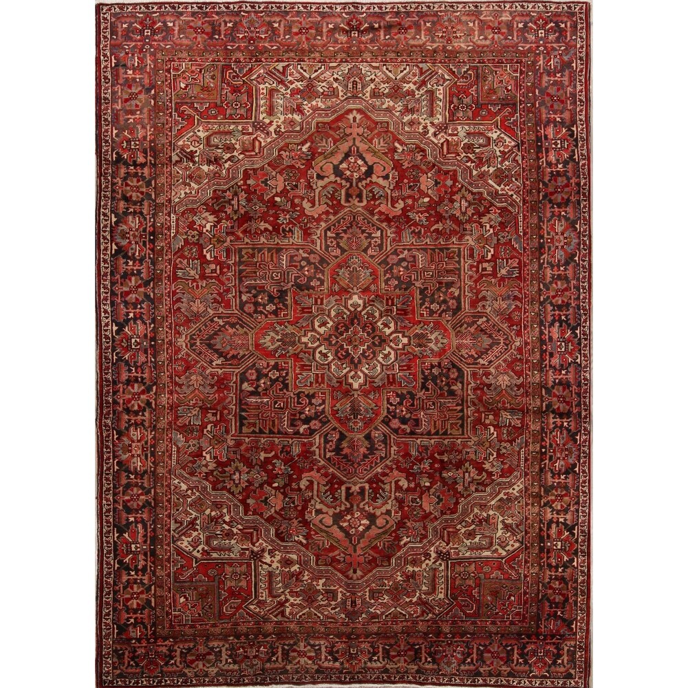 Vintage Heriz Geometric Hand Knotted Wool Persian Area Rug - 12'8" x 9'2"