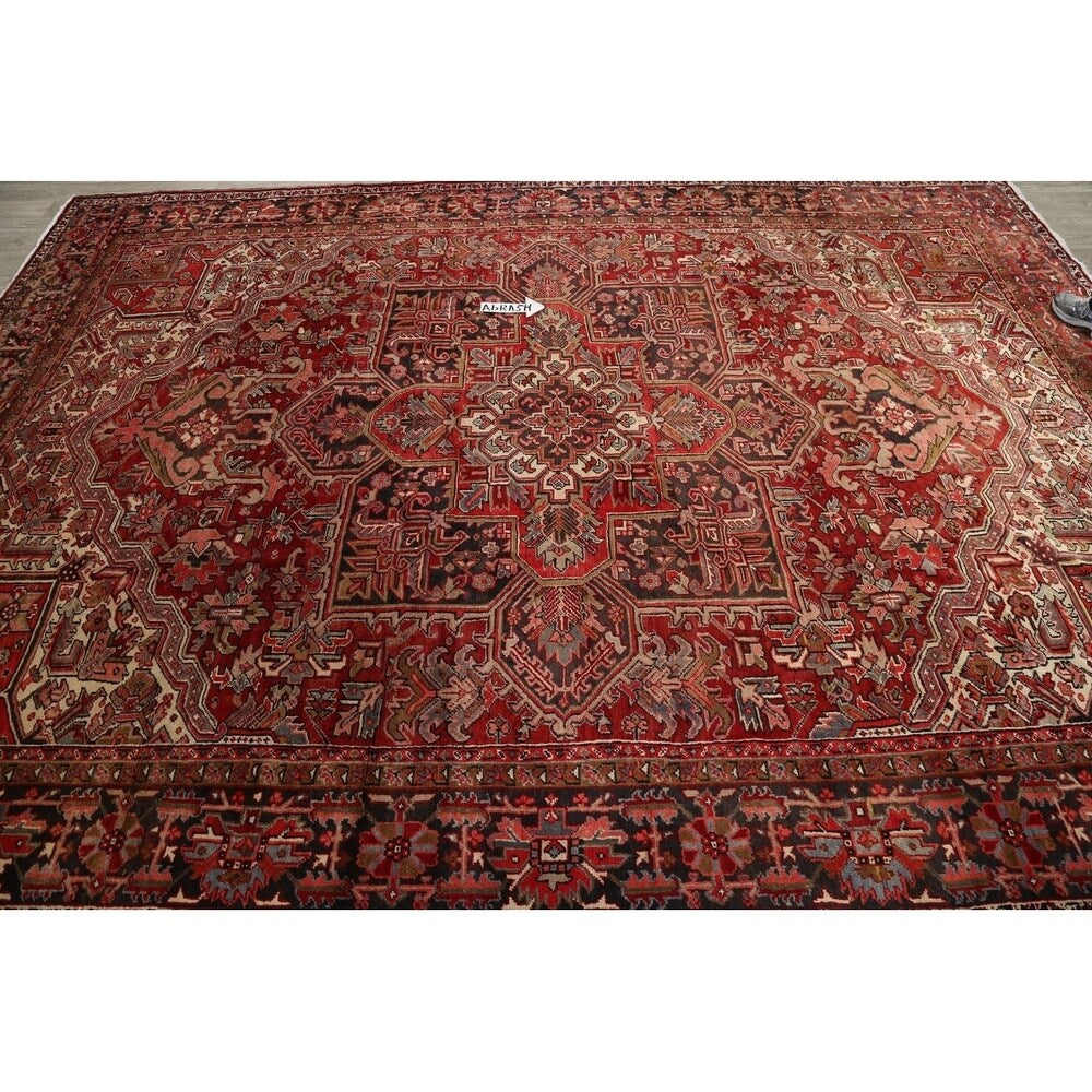 Vintage Heriz Geometric Hand Knotted Wool Persian Area Rug - 12'8" x 9'2"