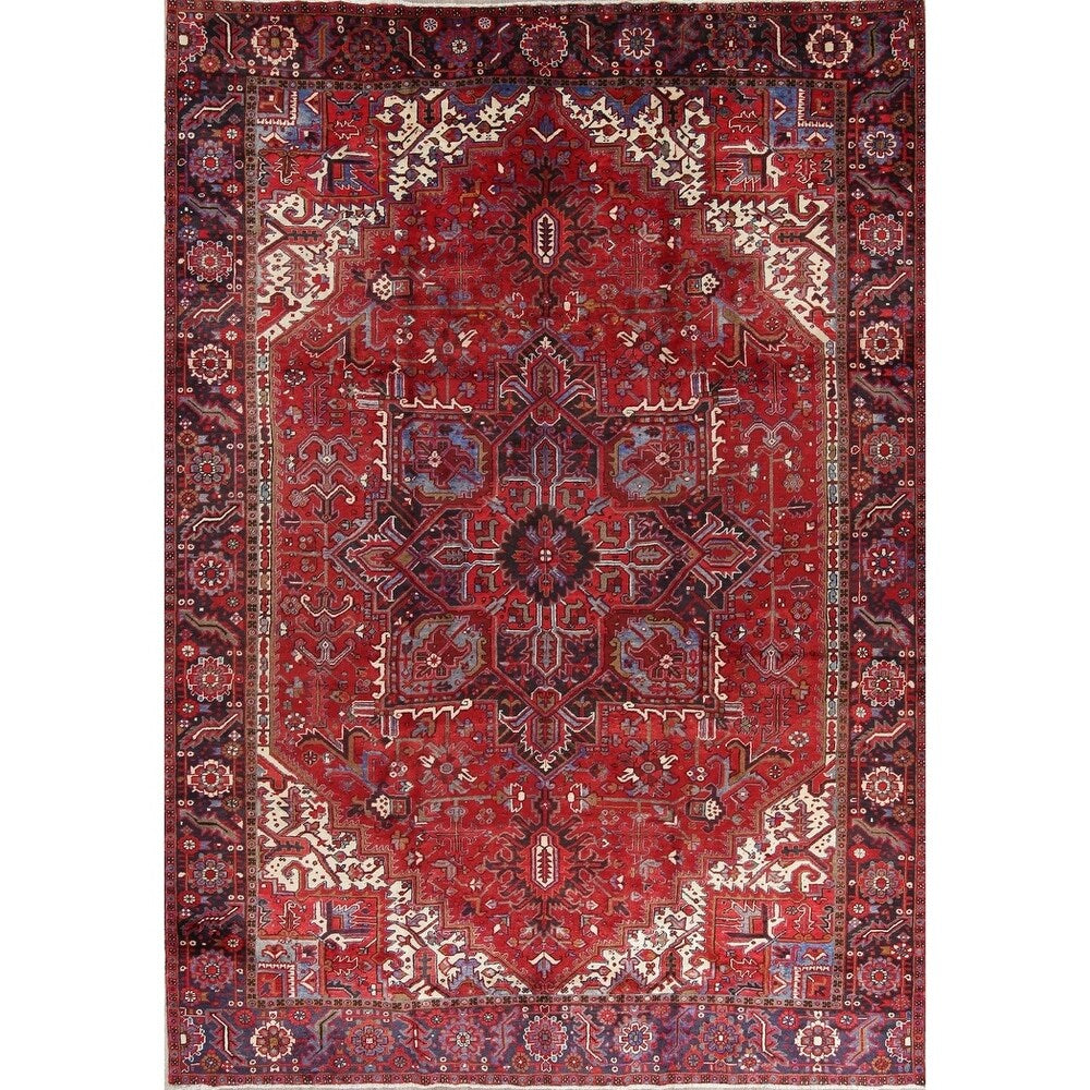 Vintage Heriz Geometric Hand Knotted Wool Persian Area Rug - 13'3" x 9'7"