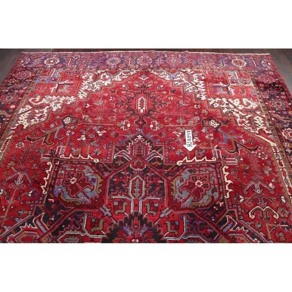 Vintage Heriz Geometric Hand Knotted Wool Persian Area Rug - 13'3" x 9'7"