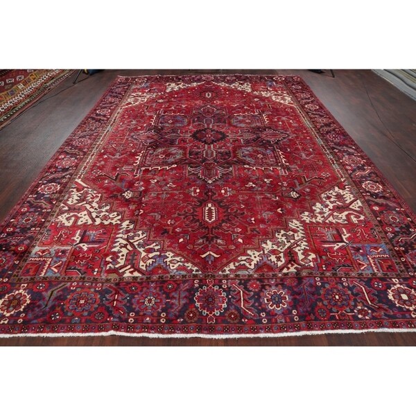 Vintage Heriz Geometric Hand Knotted Wool Persian Area Rug - 13'3" x 9'7"