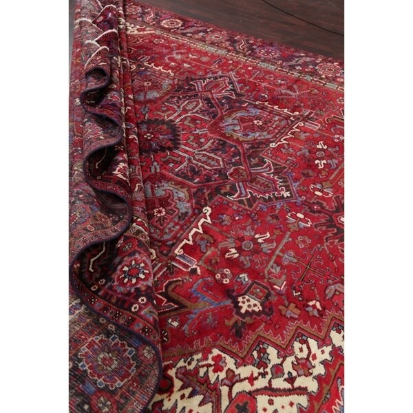 Vintage Heriz Geometric Hand Knotted Wool Persian Area Rug - 13'3" x 9'7"