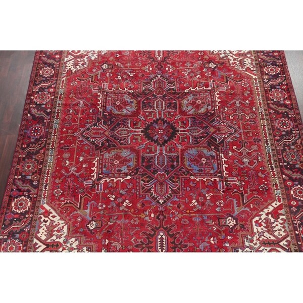 Vintage Heriz Geometric Hand Knotted Wool Persian Area Rug - 13'3" x 9'7"