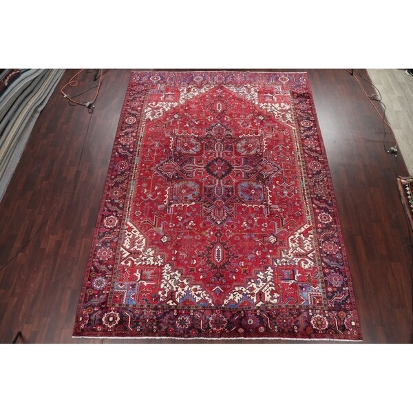 Vintage Heriz Geometric Hand Knotted Wool Persian Area Rug - 13'3" x 9'7"