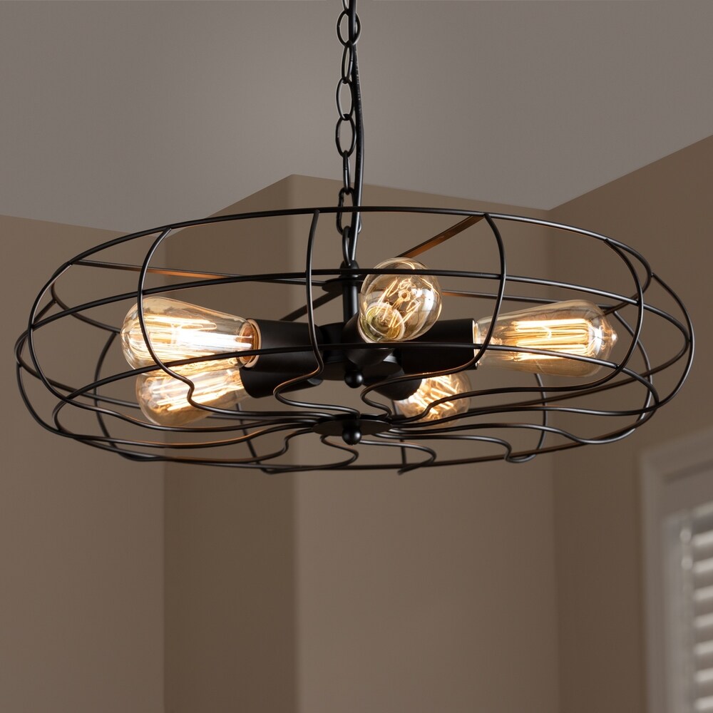 Vintage Industrial Black Metal 5-Light Cage Fan Pendant Light
