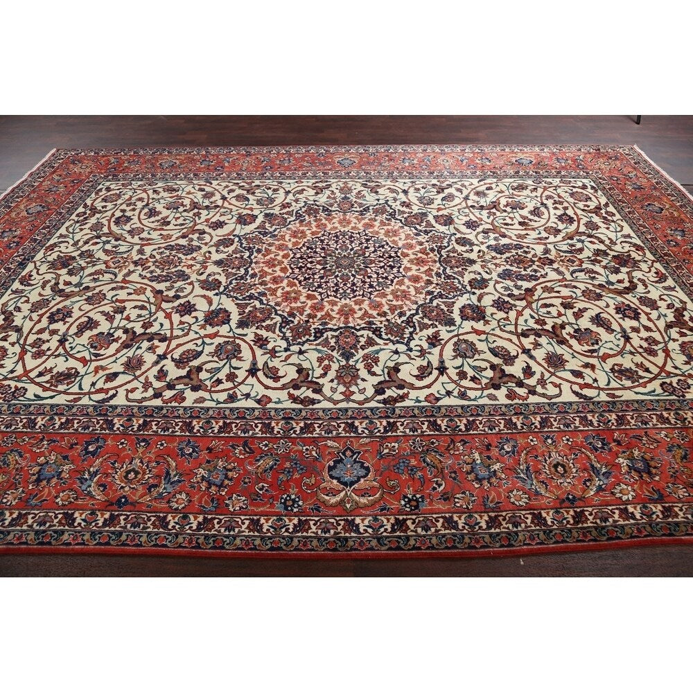 Vintage Isfahan Medallion Hand Knotted Wool Persian Area Rug - 13'1" x 9'4"